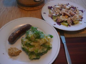 Raapstelenstamppot met rundersaucijs en salade met forel